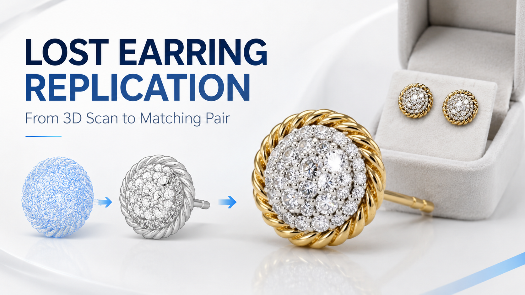 Lost Earring Replication Gold and diamond earring recreated from a 3D scan into a matching pair.