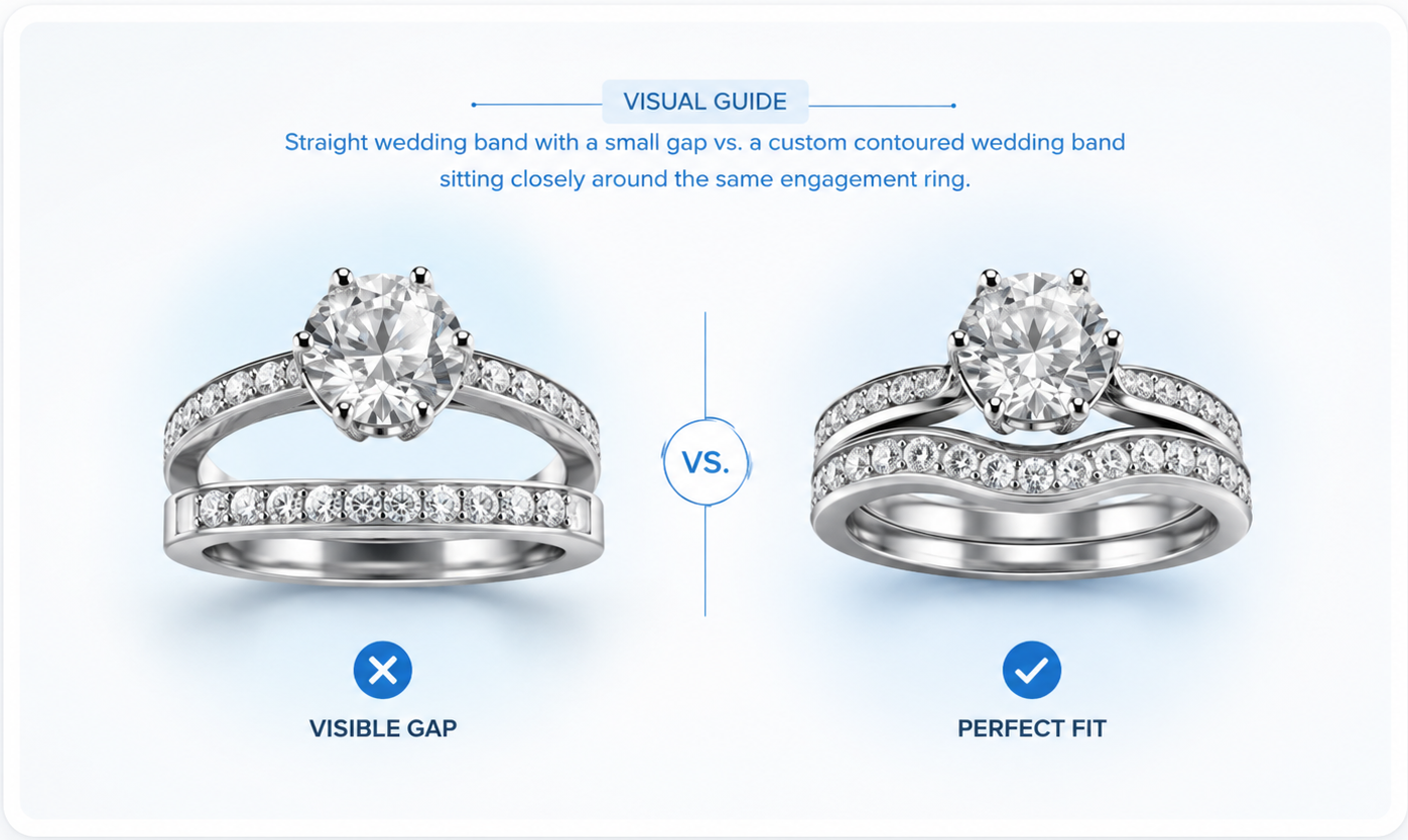 Comparison of a wedding band with a gap and a custom wedding band fitted closely around an engagement ring